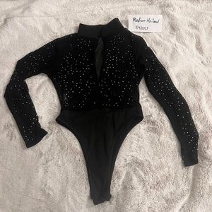 Black bedazzled zip mesh bodysuit